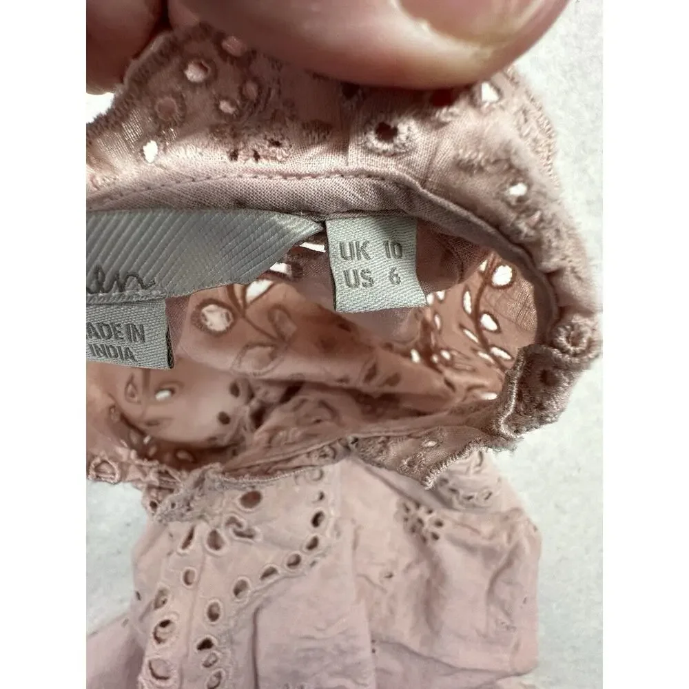 BODEN Altheda Broderie Top UK 10 US 6 Ruffle Puff Sleeve Pink Blouse 100% Cotton